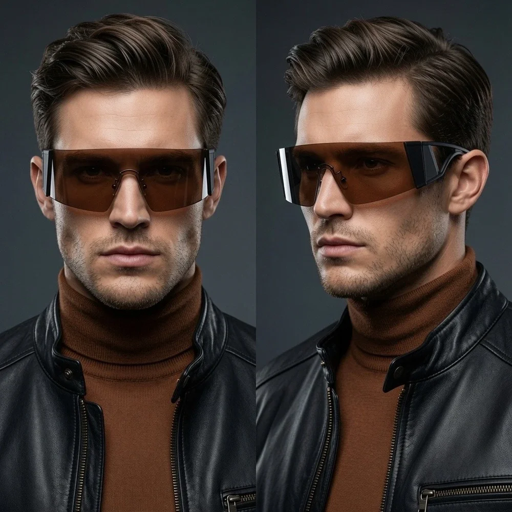 Men Sunglasses A-vanguard Tanned One Piece Mask Glasses Dark Brown Bold Rim New
